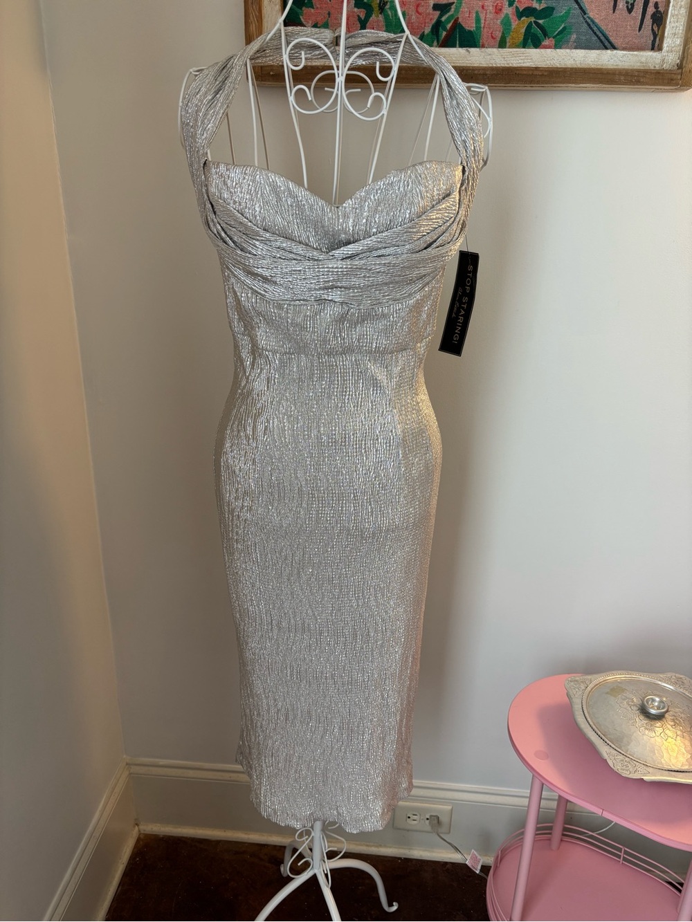 Stop Staring Silver Metallic Midi Dress with Draped Bust